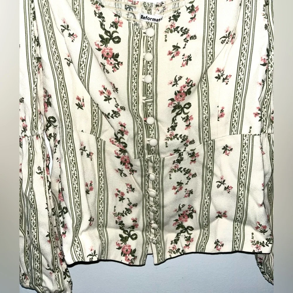 Reformation Cream Floral Peasant Blouse with Pink and Green Accents